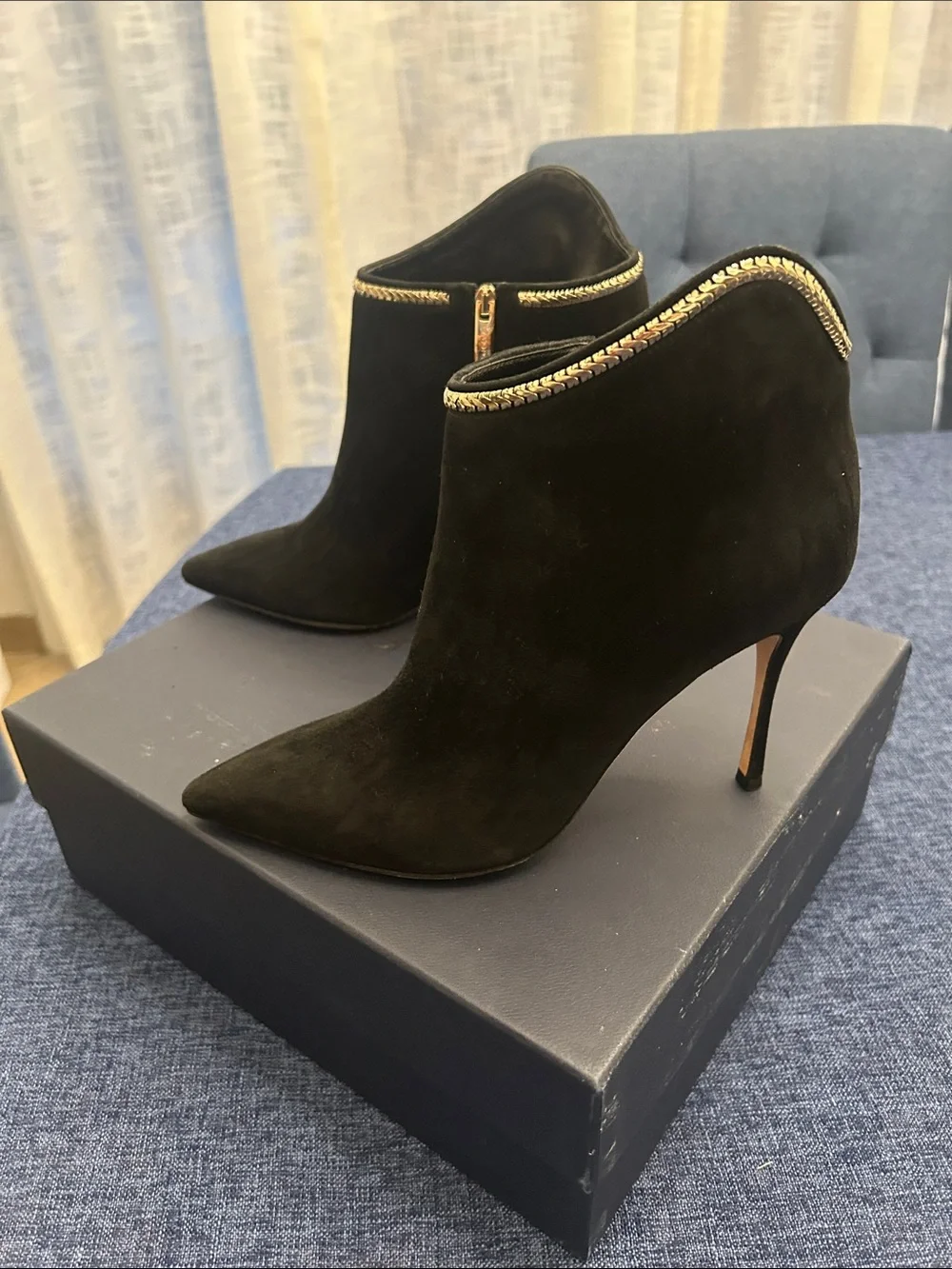 Sergio Rossi Black Suede Pointed Ankle Booties with Gold Trim